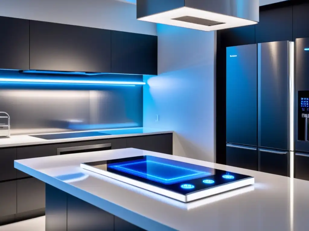 Una cocina futurista con electrodomésticos innovadores y ambiente moderno