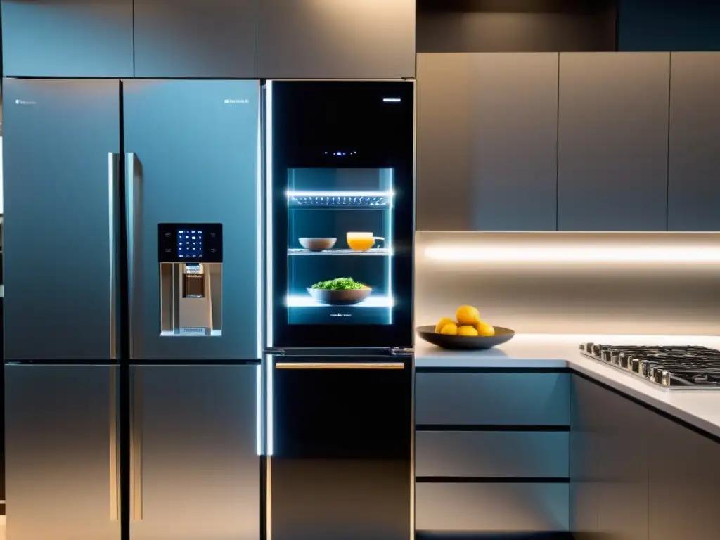 Una cocina futurista con electrodomésticos inteligentes integrados en un diseño minimalista