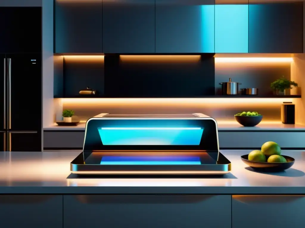 Una cocina futurista con electrodomésticos revolucionarios para cocina moderna en un ambiente minimalista y de alta tecnología