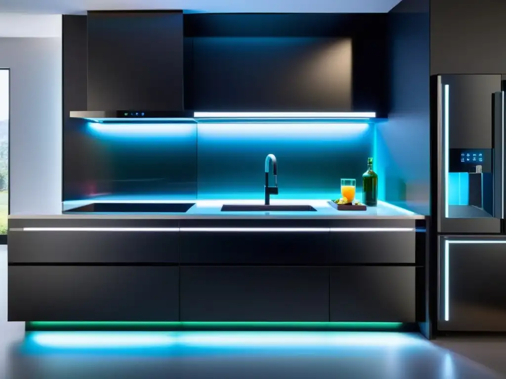 Una cocina futurista elegante con electrodomésticos del futuro estilizados y un diseño minimalista de alta tecnología