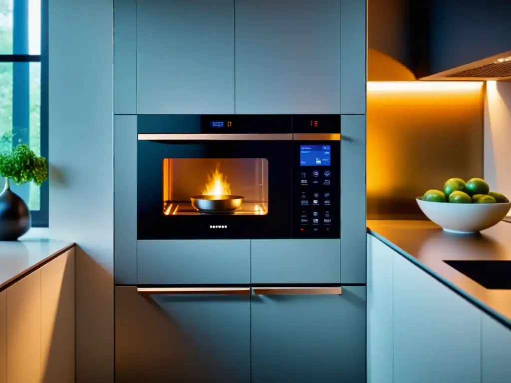 Una cocina futurista con un horno inteligente y diseño minimalista