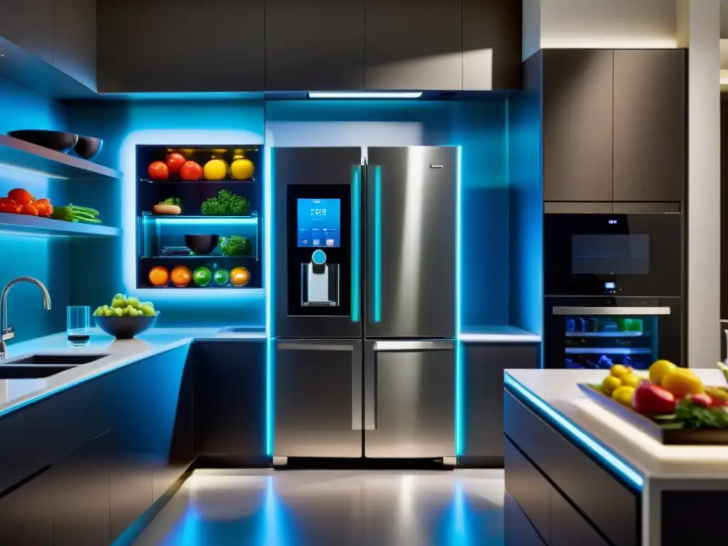 Una cocina futurista llena de innovaciones electrodomésticos tecnología hogar, iluminada suavemente