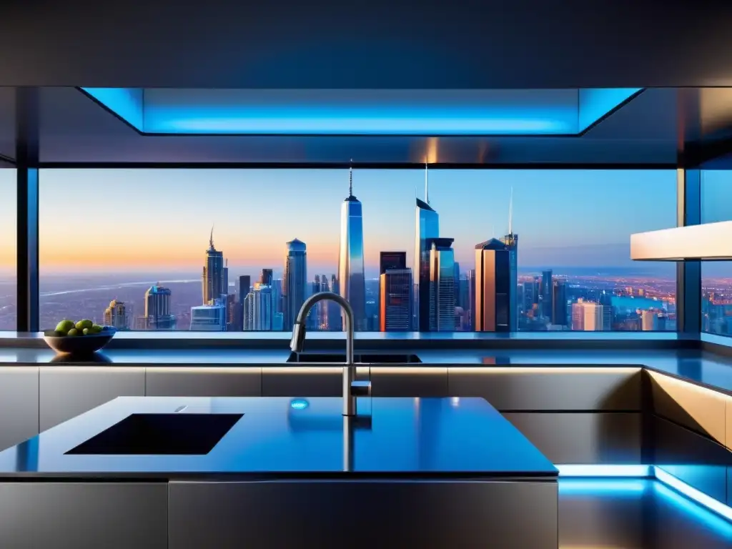 Cocina futurista con tecnología integrada, control remoto y vista urbana