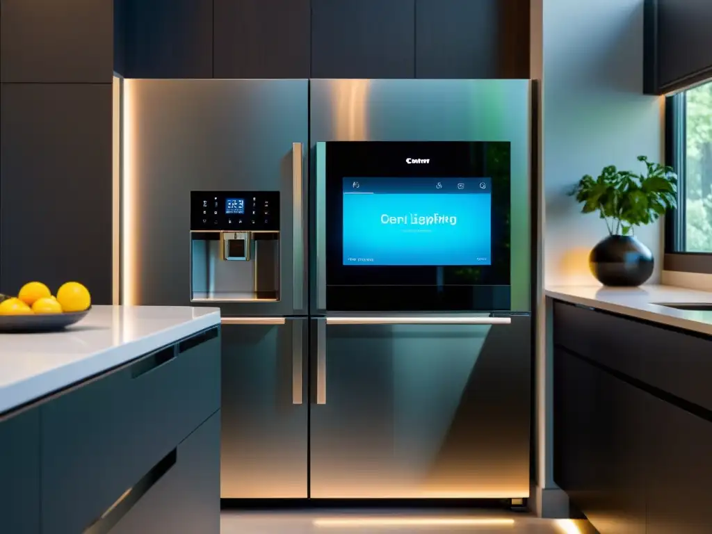 La cocina del futuro con los mejores gadgets tecnología hogar integrados, iluminación LED cálida y diseño minimalista