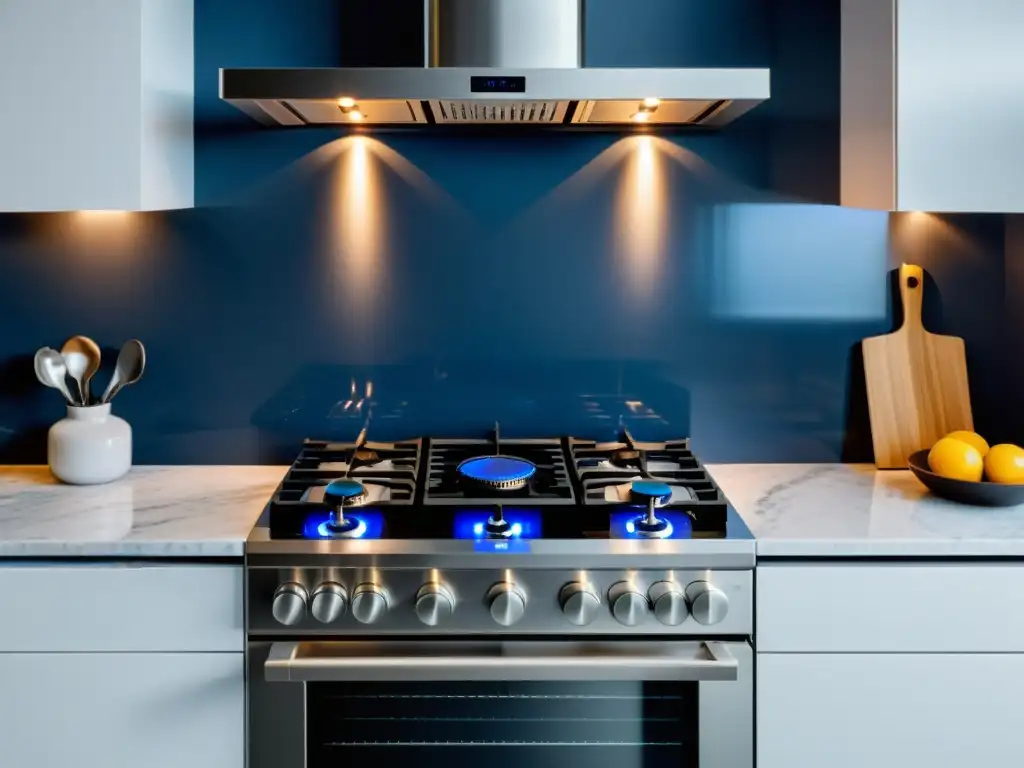 Una cocina de gas de acero inoxidable moderna con panel de control y quemadores, en una cocina blanca con elegante decoración