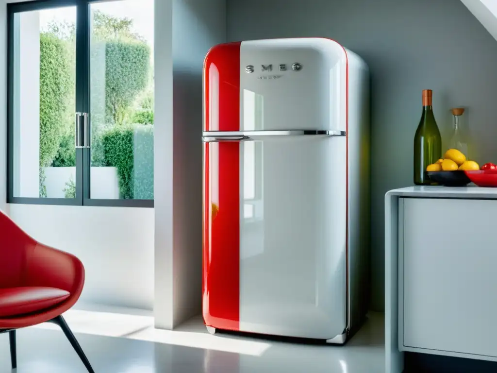 Reseña nevera SMEG diseño retro: una cocina impecable con la nevera roja brillante de estilo vintage, destaca en el ambiente elegante y moderno