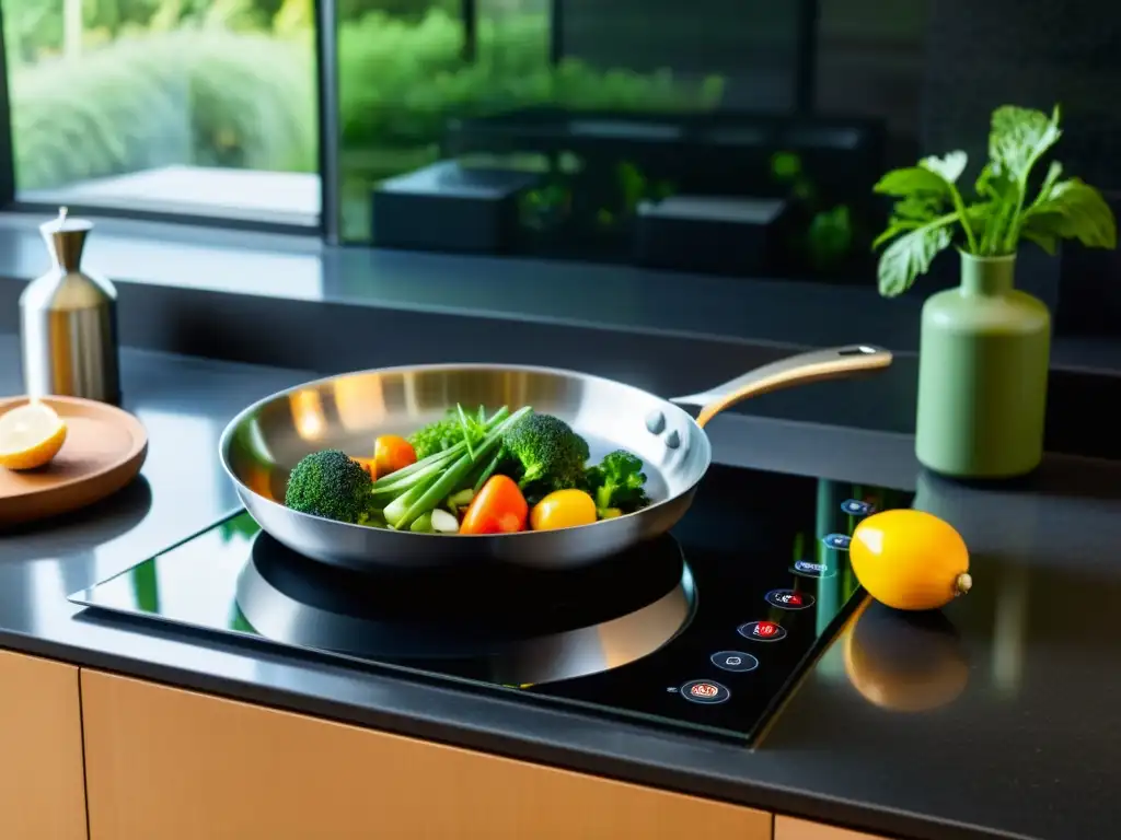 Una cocina de inducción moderna y eficiente con utensilios de cocina en ebullición y salteando verduras