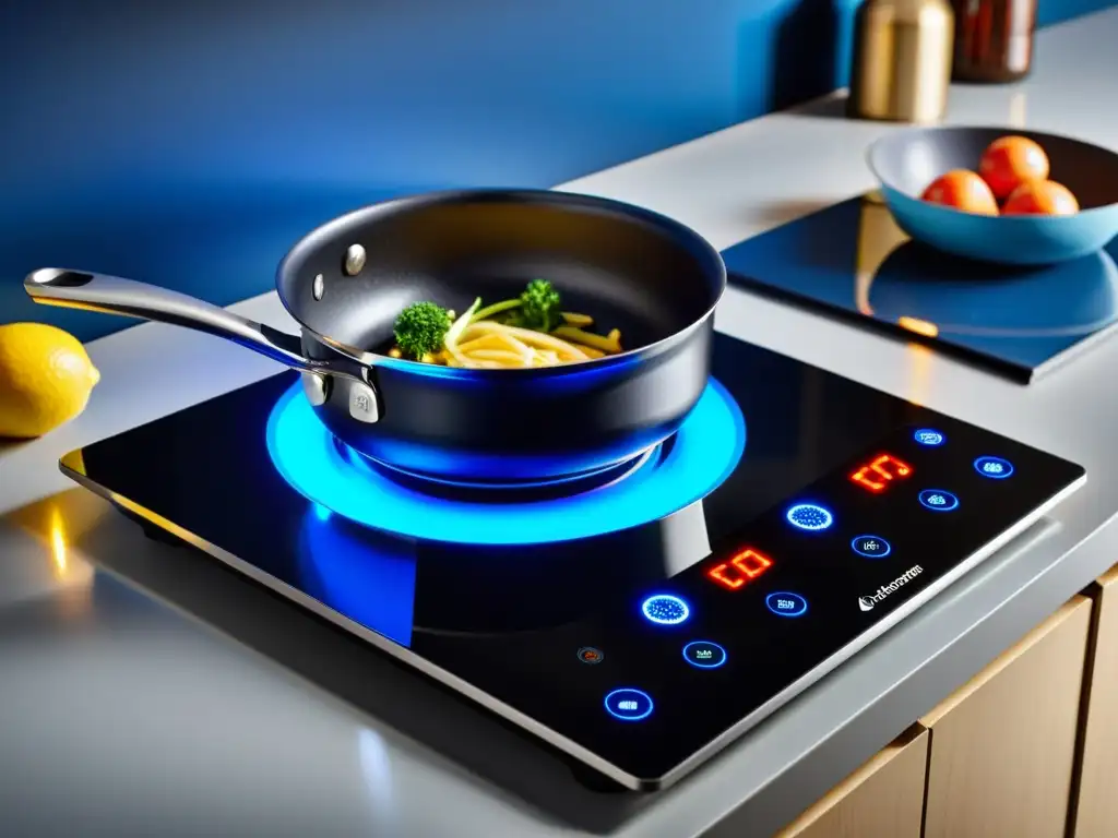 Una cocina de inducción moderna y elegante con controles táctiles, indicador LED azul y utensilios ordenados