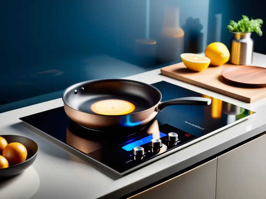 Una cocina de inducción moderna y elegante iluminada con luz ambiental, con cocinas de inducción vs gas eficiencia perfectamente organizadas