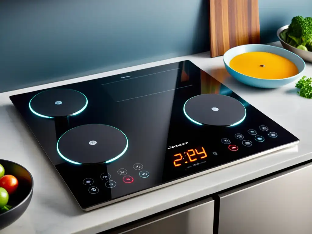 Una cocina de inducción moderna y elegante con controles táctiles avanzados y una pantalla LED