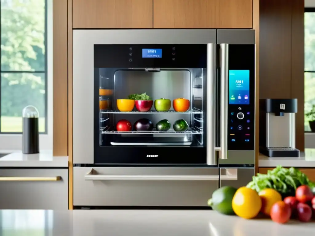 Una cocina inteligente con gadgets y electrodomésticos modernos, organizados en una encimera de cuarzo