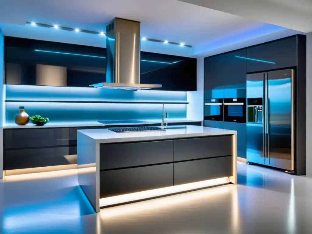 Una cocina de lujo con tecnología, elegante y sofisticada, con iluminación cálida y diseño innovador