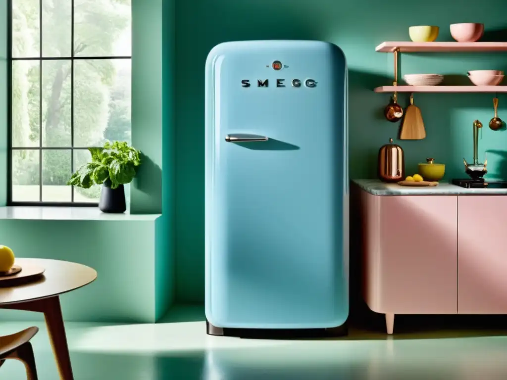 Reseña nevera SMEG diseño retro en cocina minimalista con detalles cromados y colores vibrantes