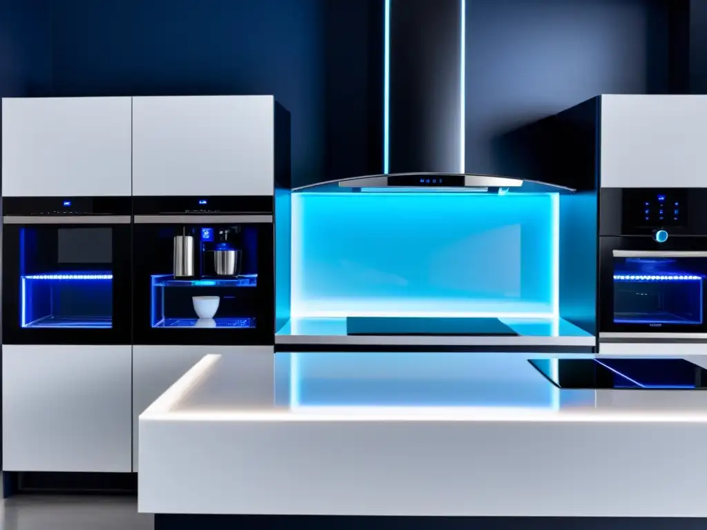 Una cocina minimalista con electrodomésticos de diseño futurista, elegante y ultramoderna