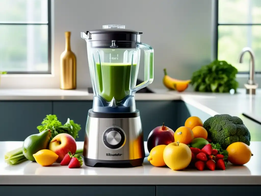 Una cocina minimalista con licuadora de alta velocidad en movimiento, llena de frutas y verduras coloridas