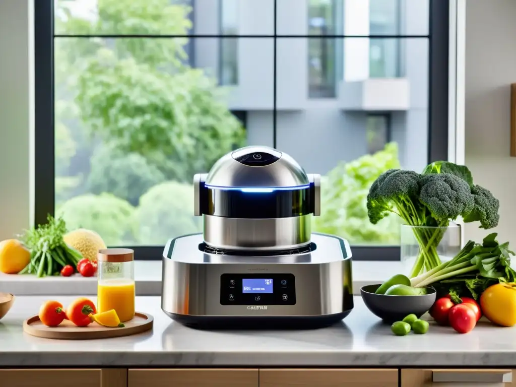 Una cocina moderna con robot cocina Moulinex iCompanion, amplia encimera de mármol y electrodomésticos de acero inoxidable