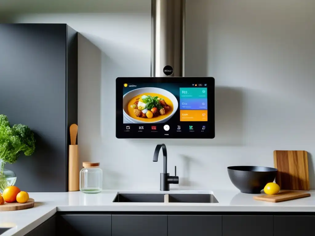 Smart display en cocina moderna, con app de recetas vibrante y utensilios de cocina elegantes