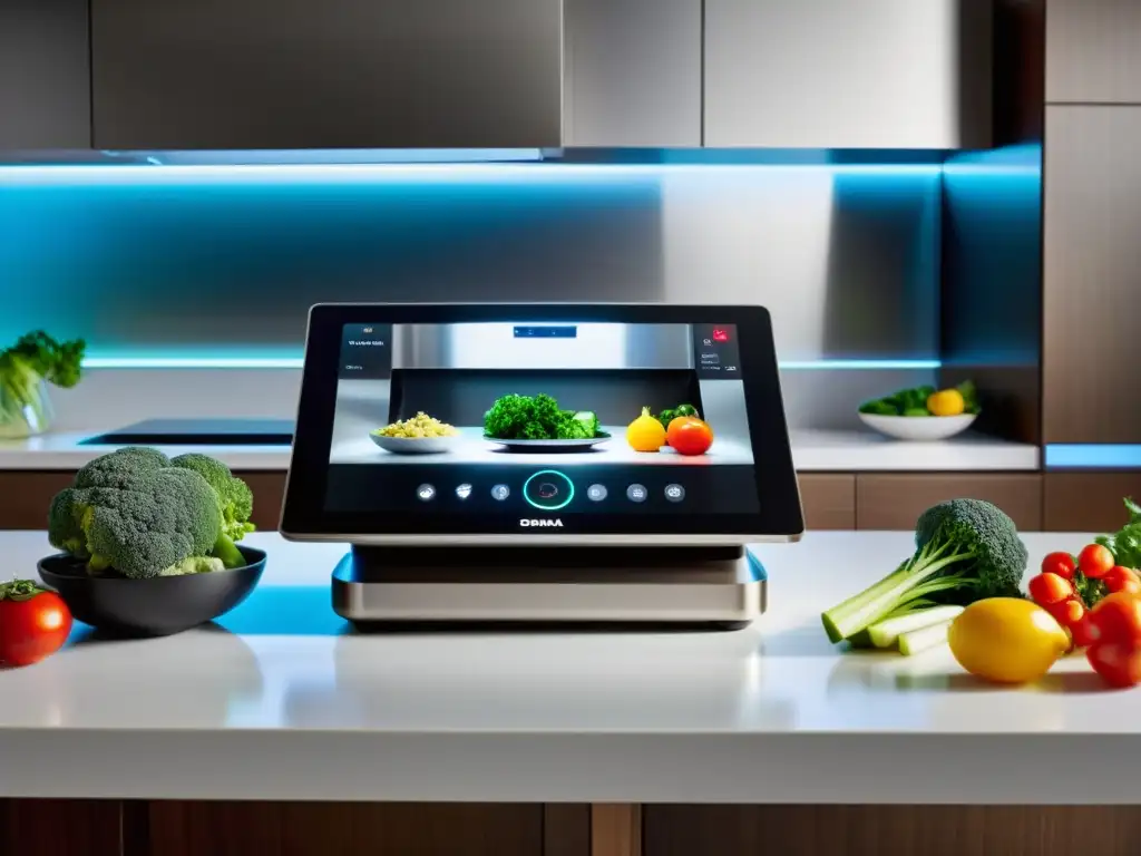 Una cocina moderna con un asistente de cocina de alta tecnología cortando verduras con precisión