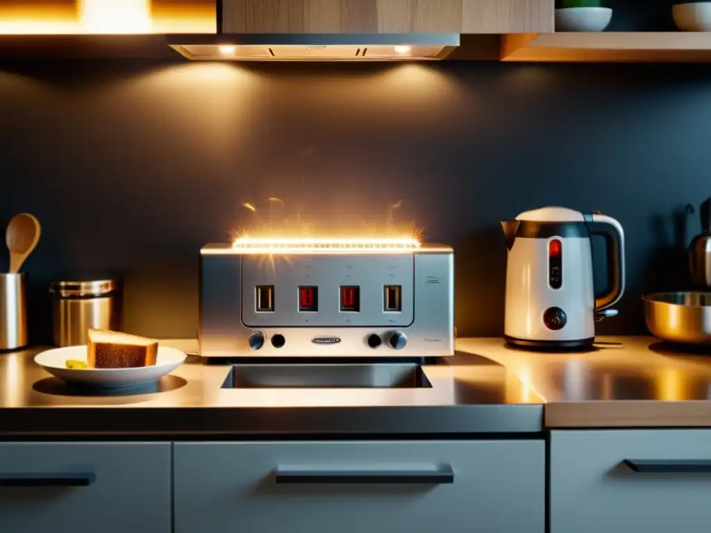 Una cocina moderna con cortocircuito en enchufe, electrodomésticos conectados