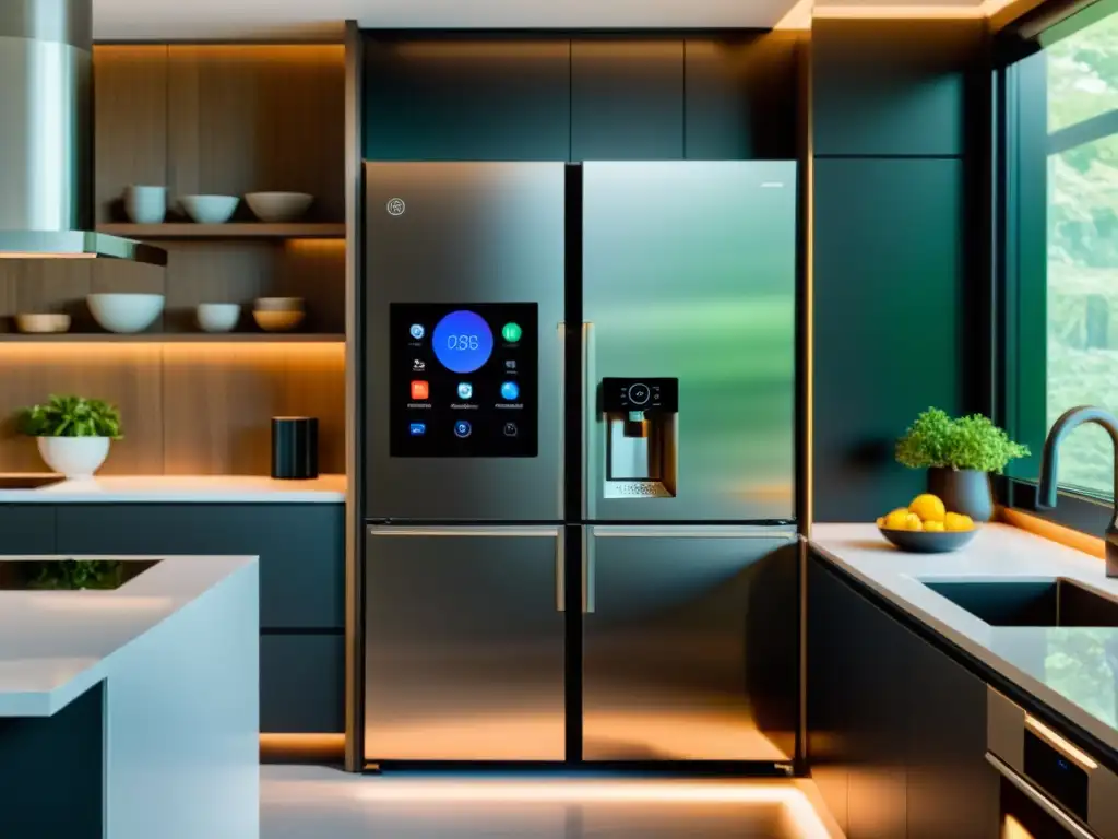 Una cocina moderna con dispositivos conectados hogar tecnología IoT, creando un ambiente futurista y eficiente