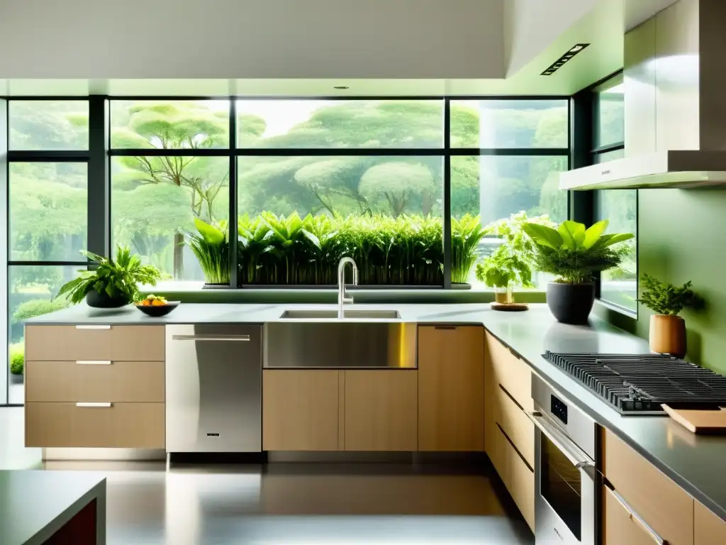 Una cocina moderna y ecológica, con electrodomésticos certificados verdes y plantas en un ambiente armonioso