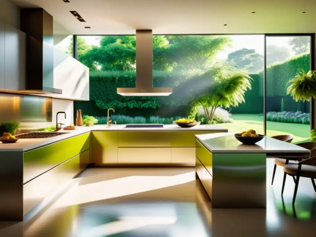 Una cocina moderna con electrodomésticos de acero inoxidable energéticamente eficientes y una gran ventana con vista a un exuberante jardín