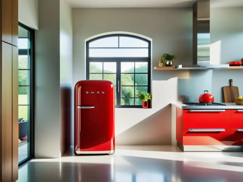 Una cocina moderna con electrodomésticos de acero inoxidable y un toque de estilo retro en forma de una nevera SMEG roja vibrante