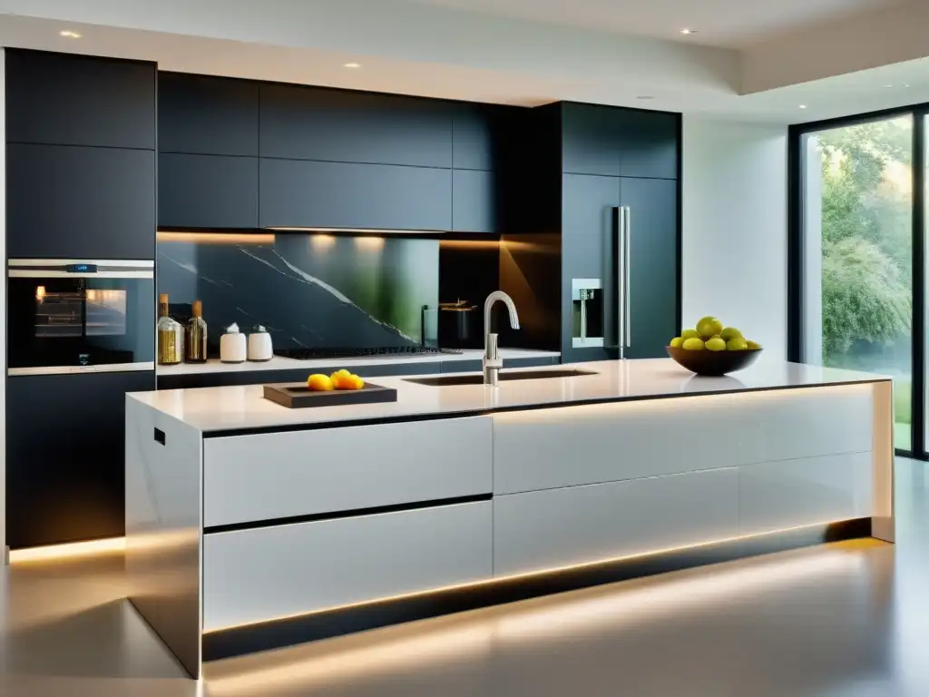 Cocina moderna: lujo y tecnología en armonía Una cocina moderna con electrodomésticos de acero inoxidable integrados en gabinetes blancos minimalistas