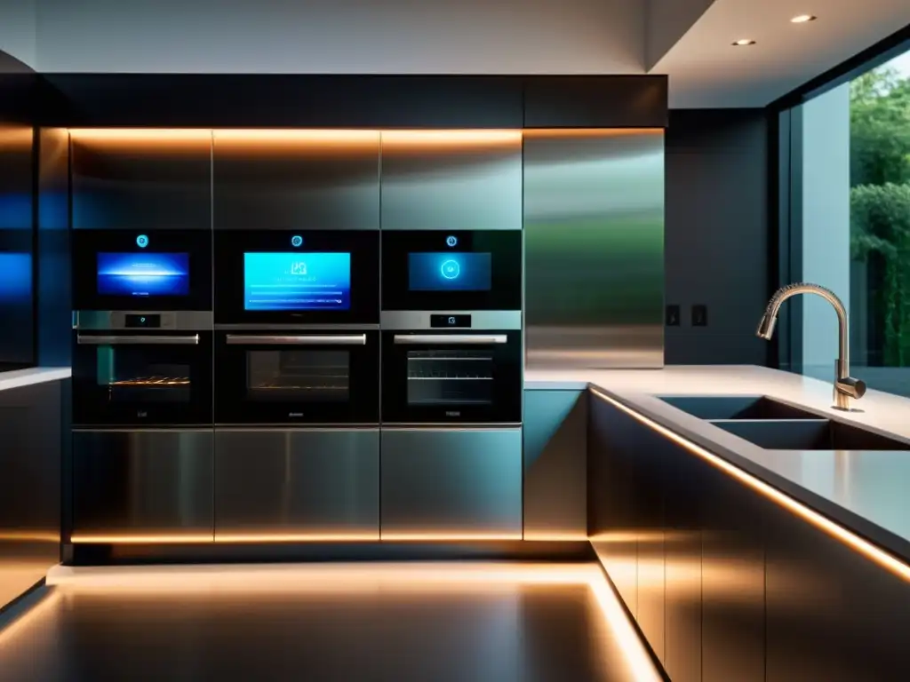 Cocina moderna: electrodomésticos de acero inoxidable con pantallas táctiles futuristas Una cocina moderna con electrodomésticos de acero inoxidable y interfaces táctiles futuristas