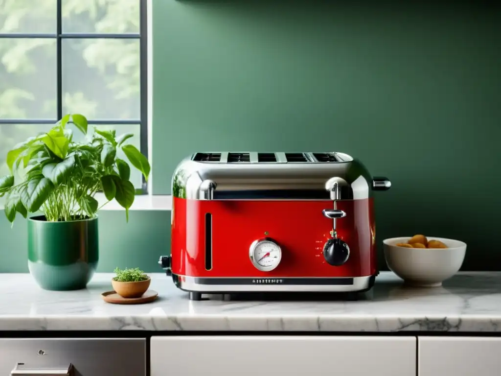 Una cocina moderna con electrodomésticos de acero inoxidable, destacando una cafetera retro en rojo vibrante, rodeada de hierbas verdes en macetas