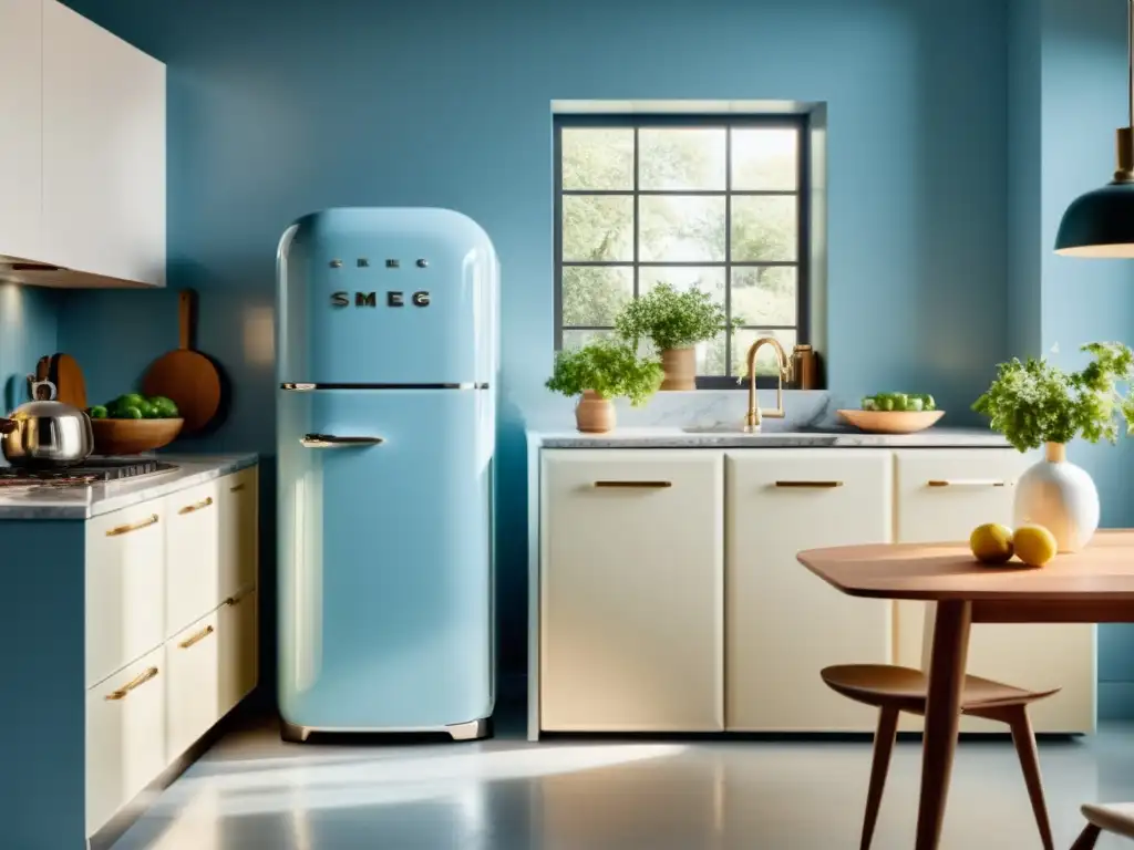 Una cocina moderna con electrodomésticos de acero inoxidable y una nevera Smeg vintage en azul pastel, rodeada de gabinetes blancos y encimeras de mármol