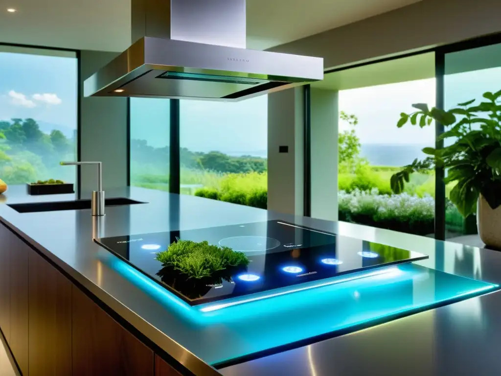 Una cocina moderna con electrodomésticos de acero inoxidable y una ventana de vidrio transparente que muestra un exuberante jardín