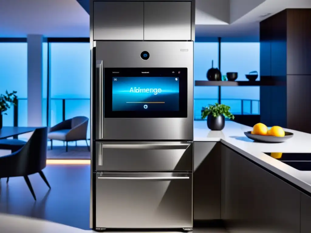 Una cocina moderna con electrodomésticos de acero inoxidable y un gran refrigerador inteligente mostrando un asistente virtual en su pantalla