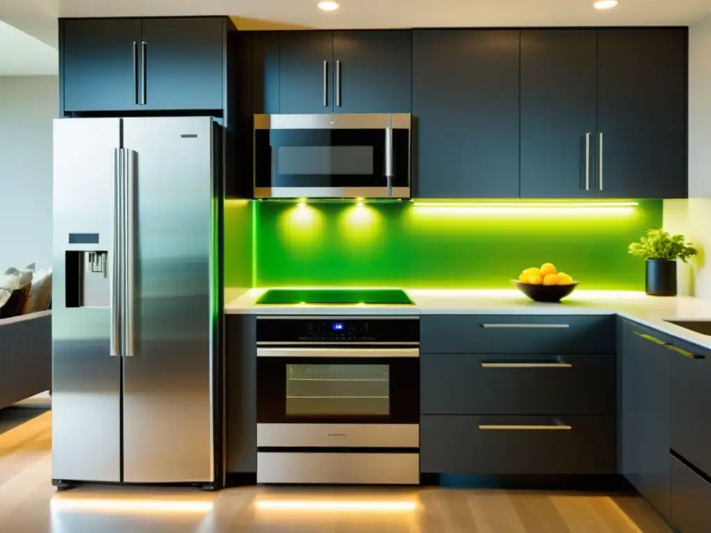 Una cocina moderna con electrodomésticos de acero inoxidable, iluminación LED y electrodomésticos eficientes