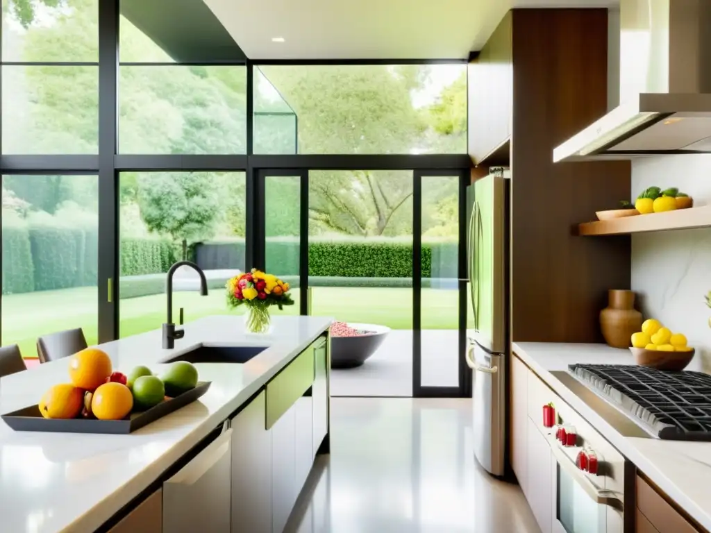 Una cocina moderna con electrodomésticos de acero inoxidable, encimeras de mármol y una gran ventana con vistas a un exuberante jardín