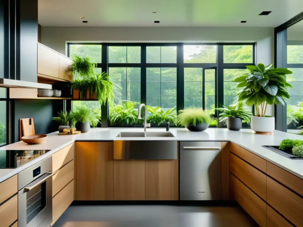 Cocina moderna con electrodomésticos de acero inoxidable, rodeada de plantas verdes y luz natural