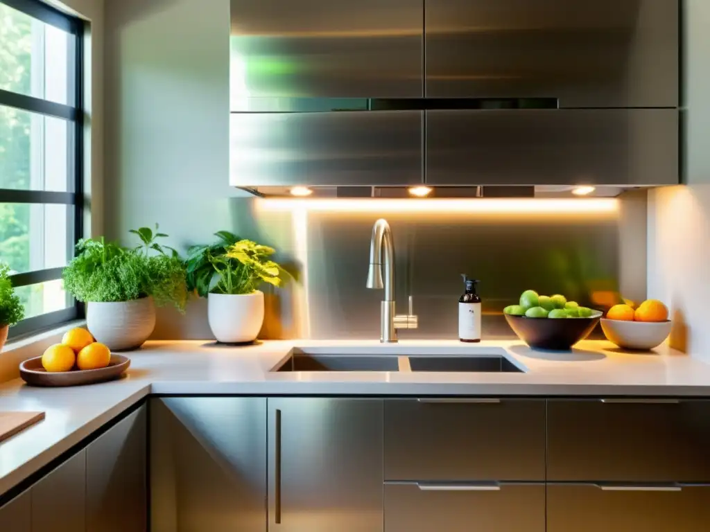 Una cocina moderna con electrodomésticos de acero inoxidable energéticamente eficientes e iluminación LED bajo gabinetes, resaltando la sinergia entre iluminación y electrodomésticos con un diseño ecológico y elegante