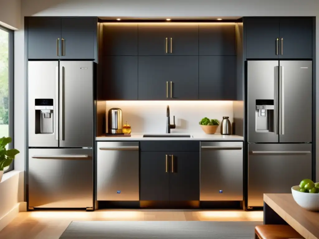 Una cocina moderna con electrodomésticos de acero inoxidable, iluminación LED brillante y certificación energética en exhibición