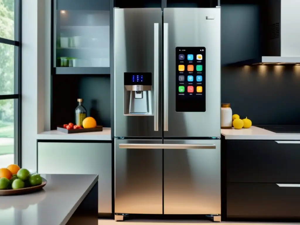 Una cocina moderna con electrodomésticos de alta tecnología y compatibilidad con Smart Home, con un diseño minimalista y futurista