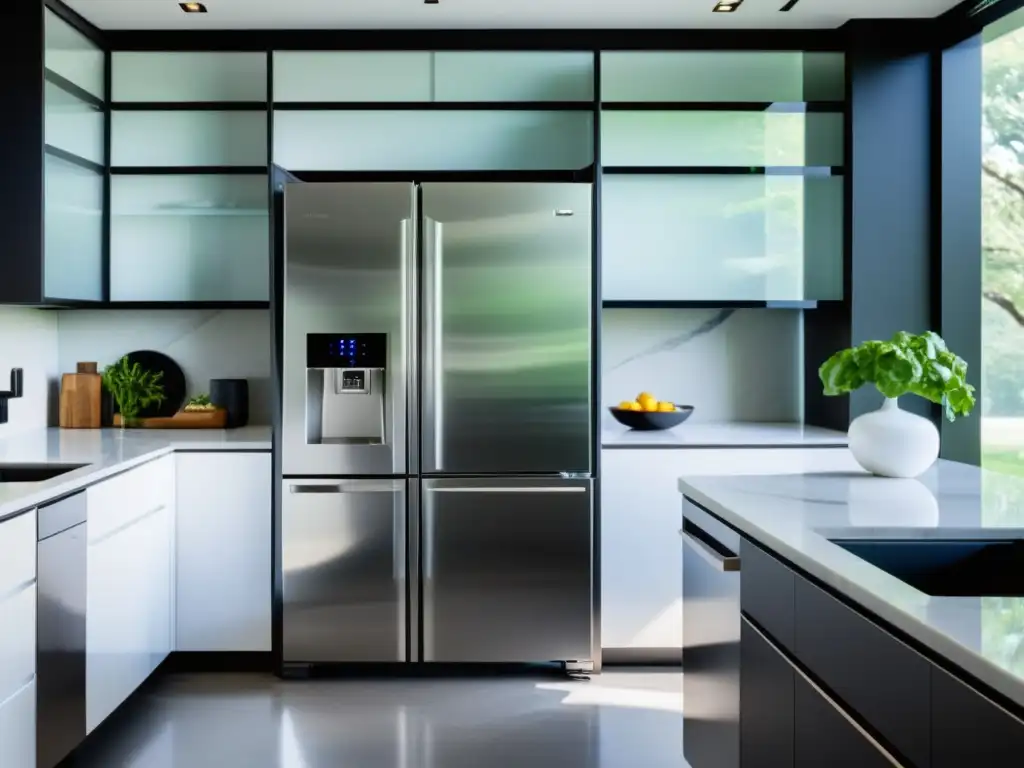 Cocina de diseño minimalista con tecnología de vanguardia y estilo futurista Una cocina moderna con electrodomésticos de alta tecnología y diseño minimalista, bañada en luz natural