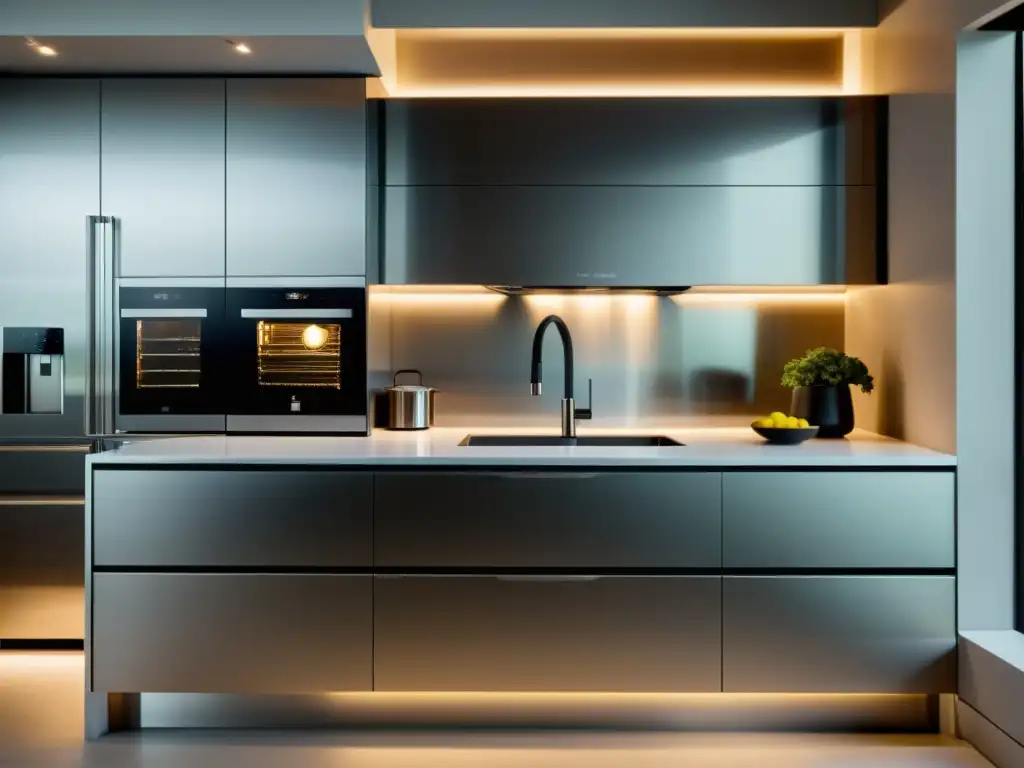 Una cocina moderna con electrodomésticos CE, iluminación ambiental suave y diseño minimalista, cumpliendo con regulaciones CE en electrodomésticos