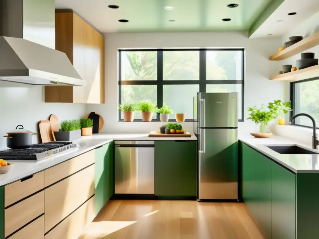 Una cocina moderna con electrodomésticos certificados verdes para hogar, diseño minimalista y abundante luz natural