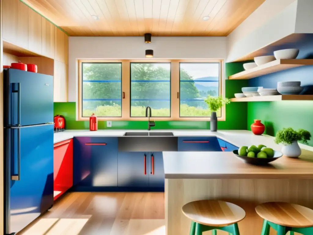 Una cocina moderna con electrodomésticos de colores vibrantes como nevera roja, estufa azul y lavavajillas verde