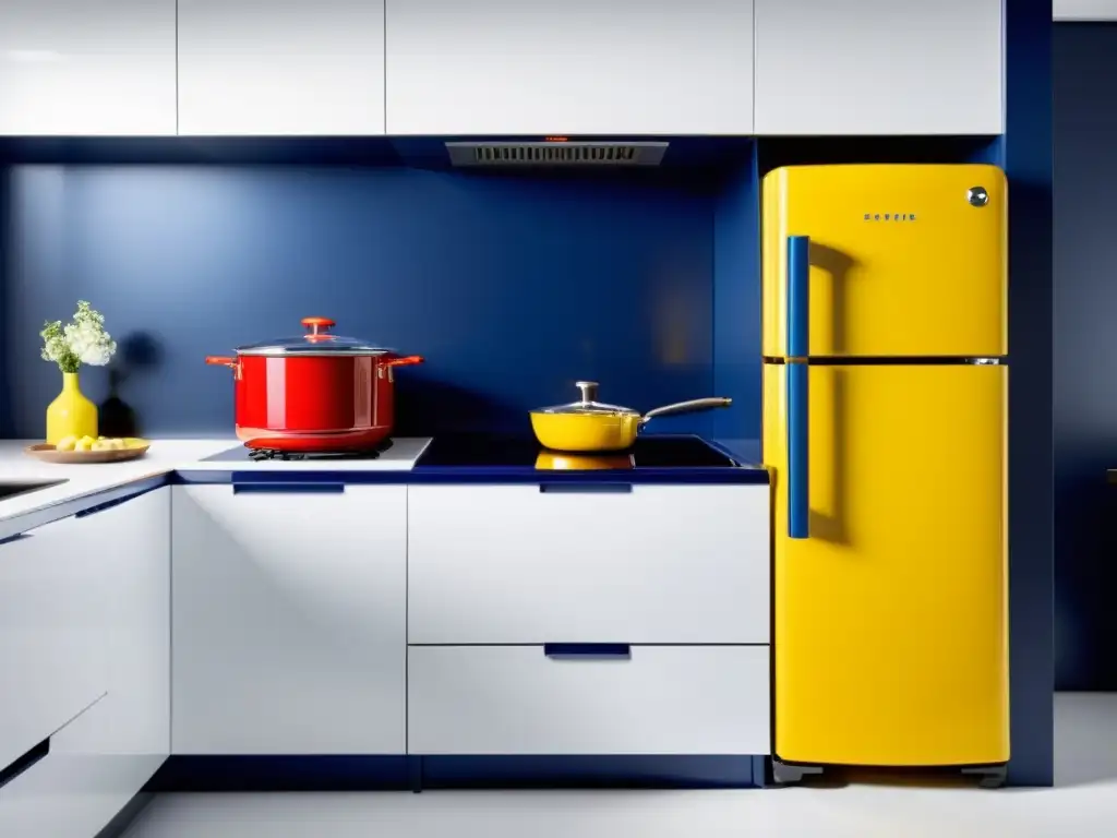 Una cocina moderna con electrodomésticos de colores vibrantes, siguiendo las tendencias colores cocina electrodomésticos