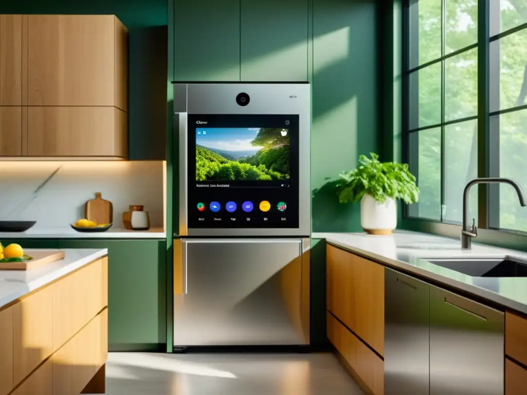 Una cocina moderna con electrodomésticos compatibles con Google Assistant, diseño minimalista y vista a la naturaleza