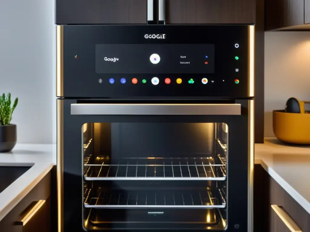 Una cocina moderna con electrodomésticos compatibles con Google Assistant, mostrando tecnología y diseño integrados