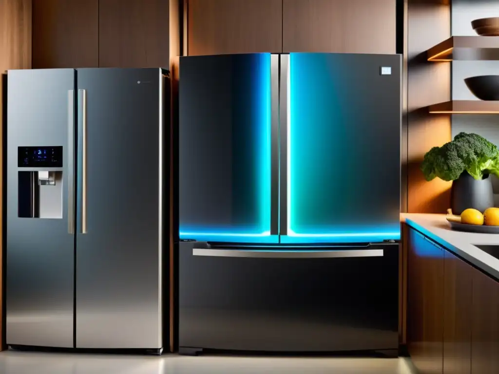 Una cocina moderna con electrodomésticos conectados, donde el propietario reflexiona sobre la privacidad en electrodomésticos conectados, mientras el refrigerador inteligente muestra una interfaz futurista