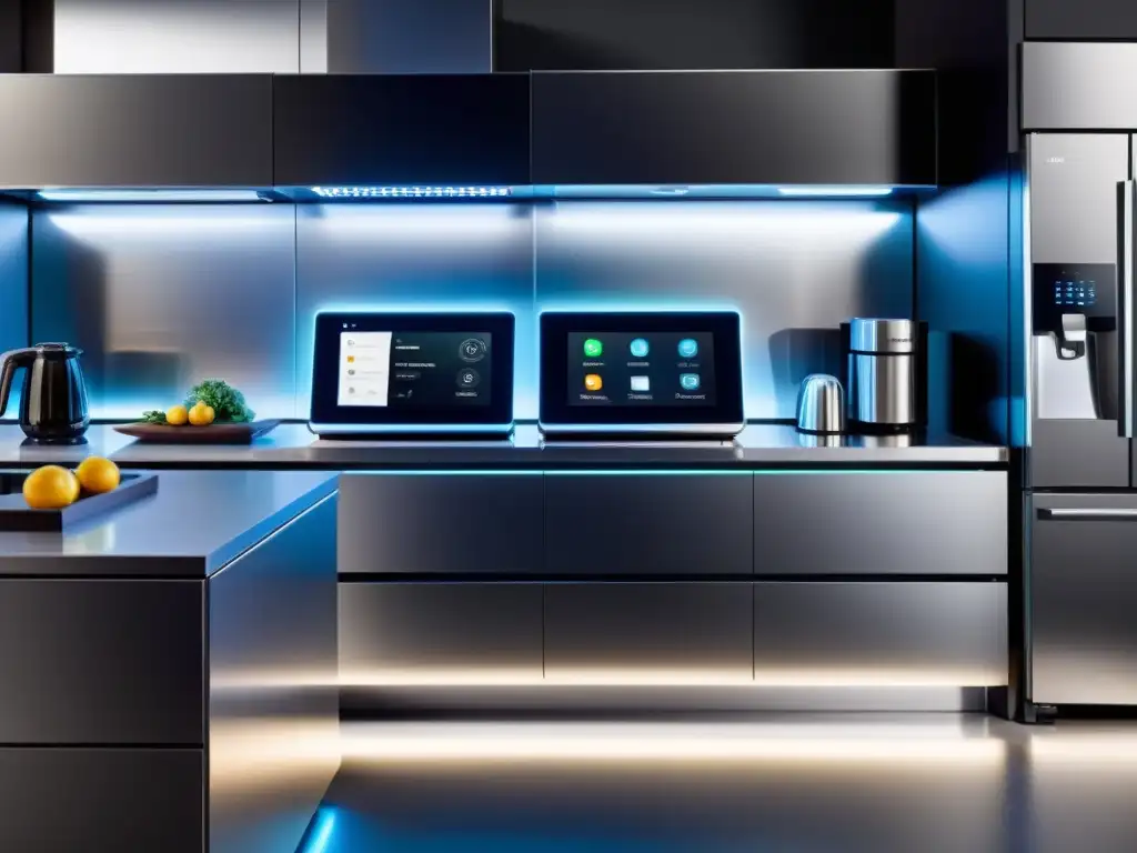 Una cocina moderna con electrodomésticos conectados al Internet de las Cosas, destacando su diseño futurista y la integración tecnológica en el hogar