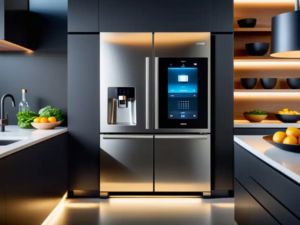 Una cocina moderna con electrodomésticos conectados a IoT integrados en el diseño minimalista, creando una atmósfera sofisticada y futurista