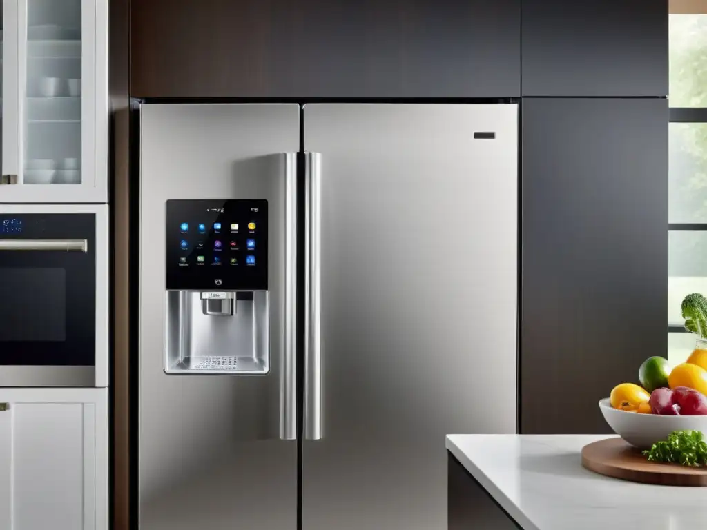 Una cocina moderna con electrodomésticos conectados Internet de las Cosas, pantalla táctil en el refrigerador y asistente inteligente integrado